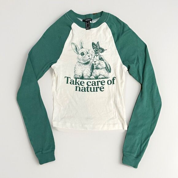 Forever 21 Size Medium Graphic Tee Baseball Raglan Sleeves Take Care of Nature - Picture 1 of 8